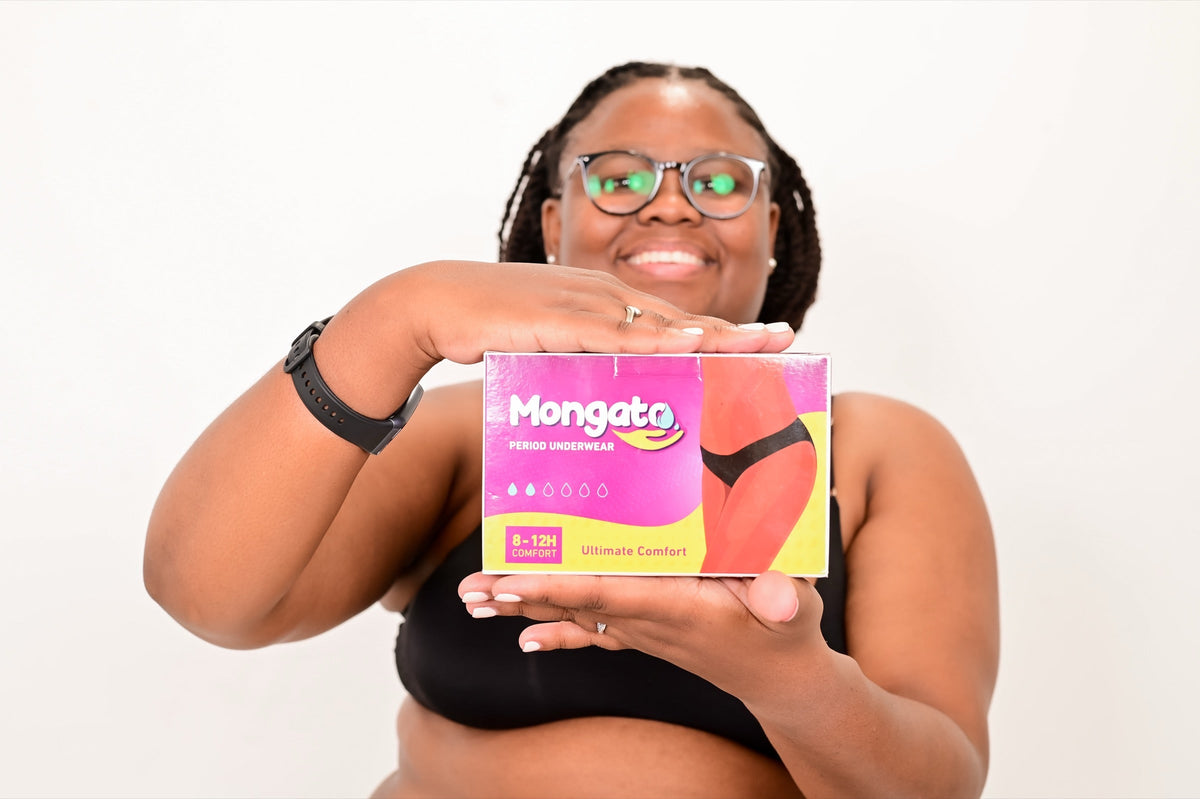 A woman holding a box of Mongato period underwear