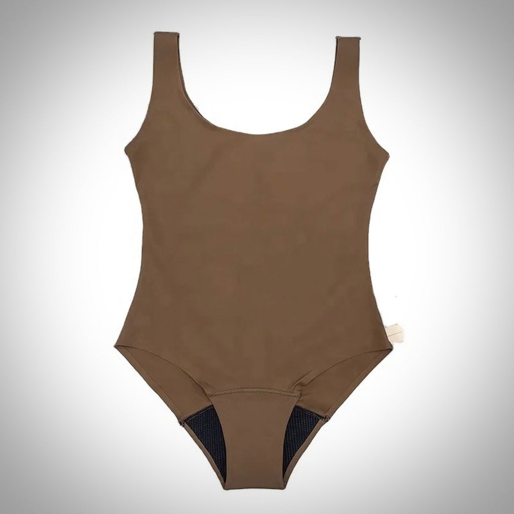 Mongato Swim one-piece in Brown, laid flat