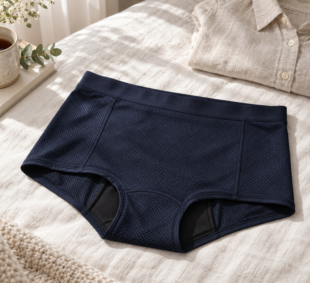 Mongato Active boyshort period underwear laid flat on a bed