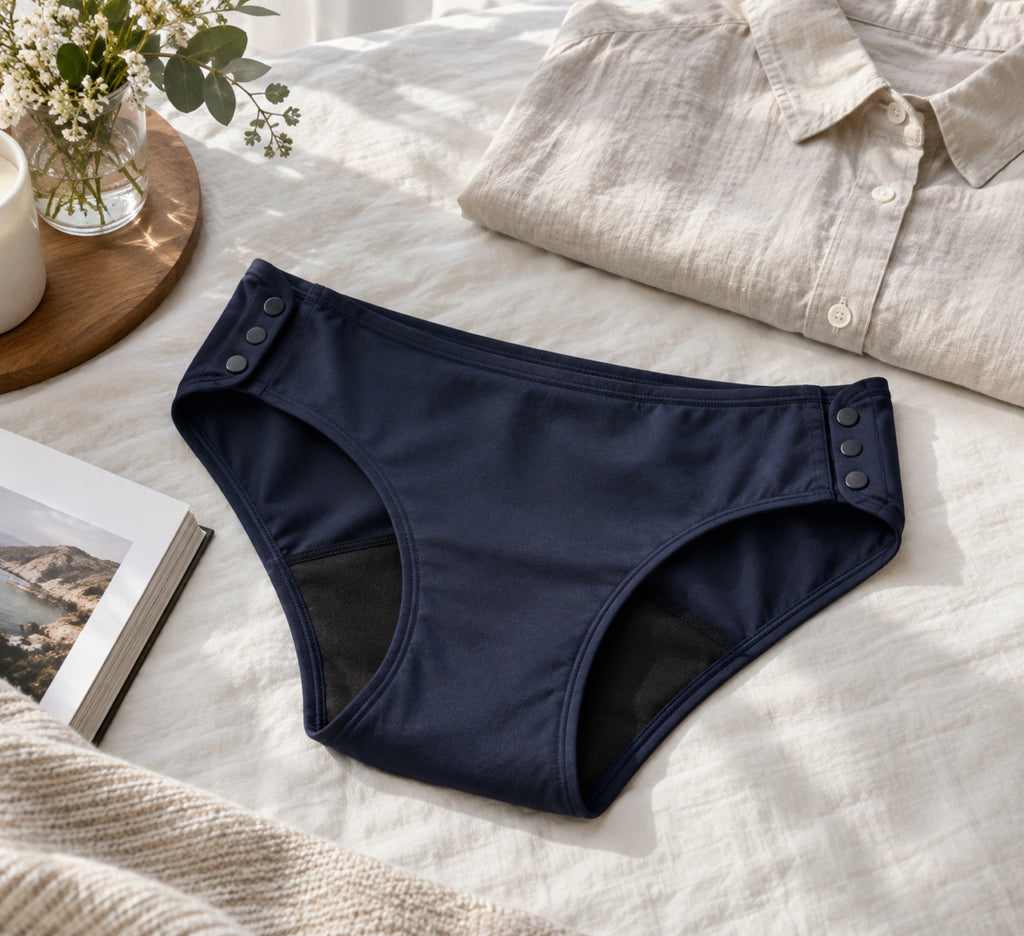 Mongato Adaptive period underwear laid flat on a bed