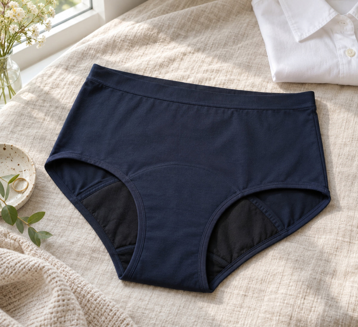 Mongato Basic period underwear laid flat on a bed