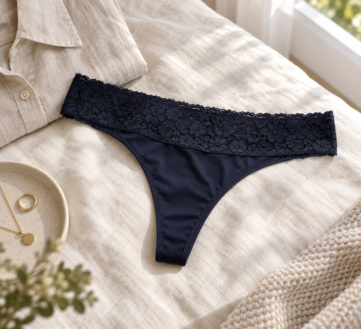 Mongato Basic Thong period underwear laid flat on a bed