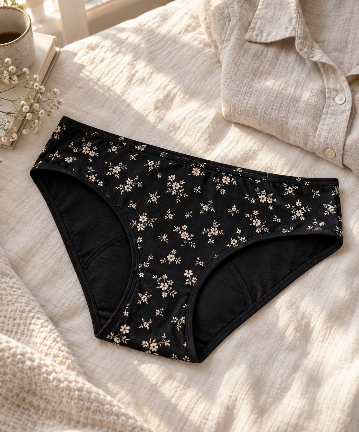 Mongato Floral period underwear laid flat on a bed