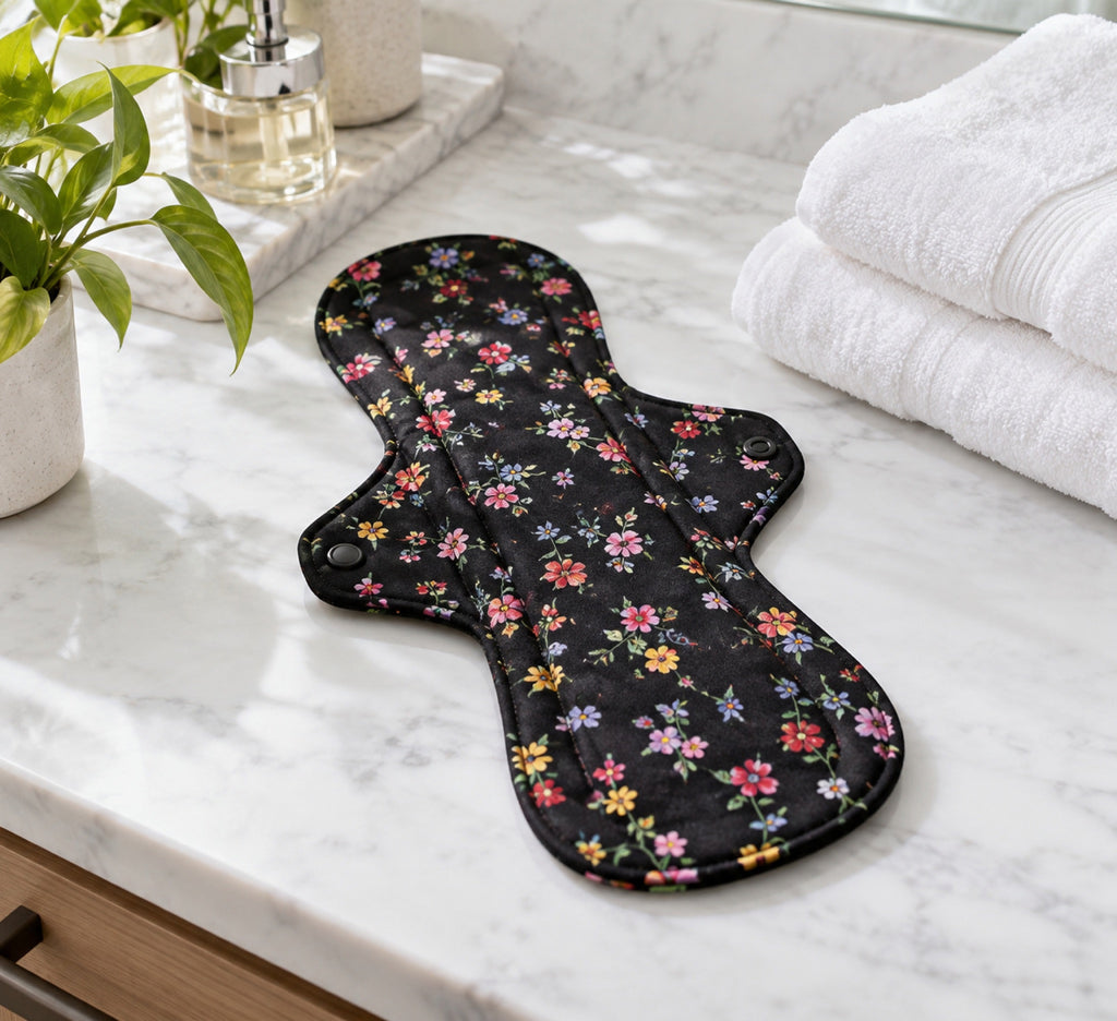 Mongato Floral Pad reusable pad on a bathroom counter