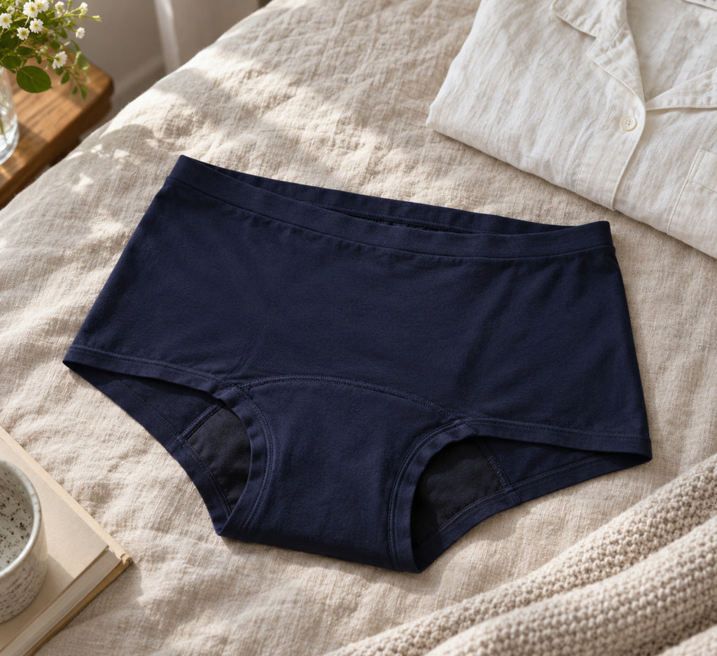 Mongato Go Comfort boyshort period underwear laid flat on a bed