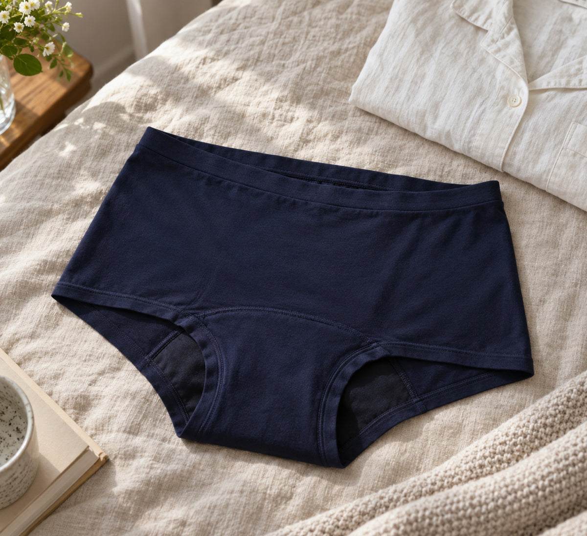 Mongato Go Comfort boyshort period underwear laid flat on a bed