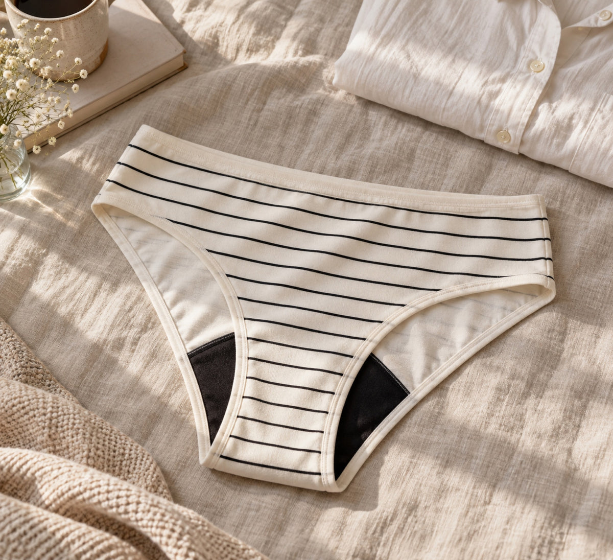 Mongato Ivory Stripes period underwear laid flat on a bed