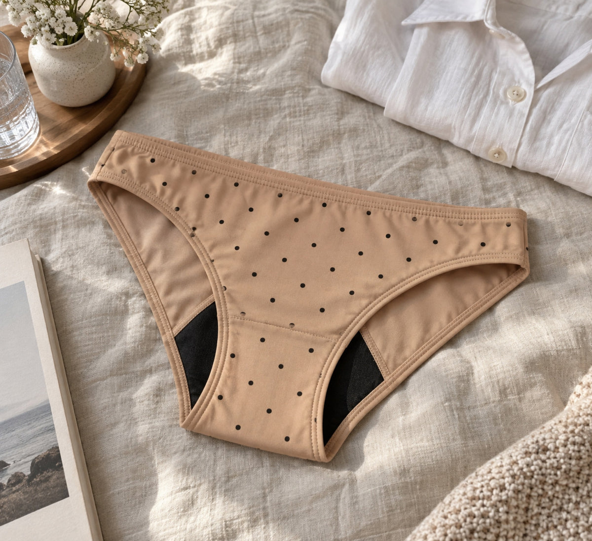 Mongato Polka Dot period underwear laid flat on a bed