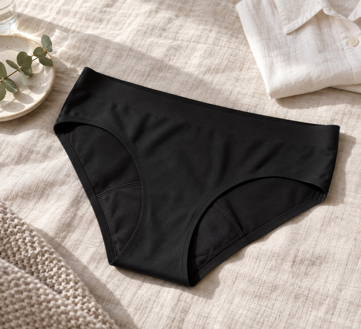 Mongato Seamless period underwear laid flat on a bed