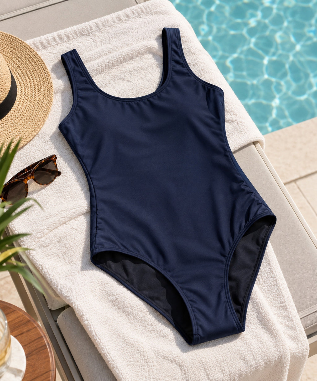 Mongato Swim one-piece period swimsuit laid on a towel beside a pool